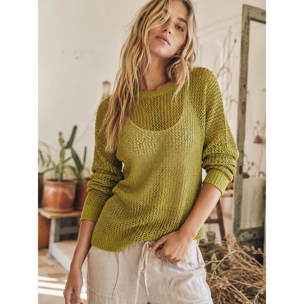 Uniqlo Olive Green Open Knit Linen Blend Sweater XL Coastal Minimalist Beachwear